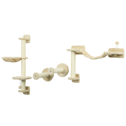 4-Piece Cat Shelves Set Wall Scratcher for Cats with Hammock Posts Scratching Soft Ladder Ball Jumping Platforms Beige