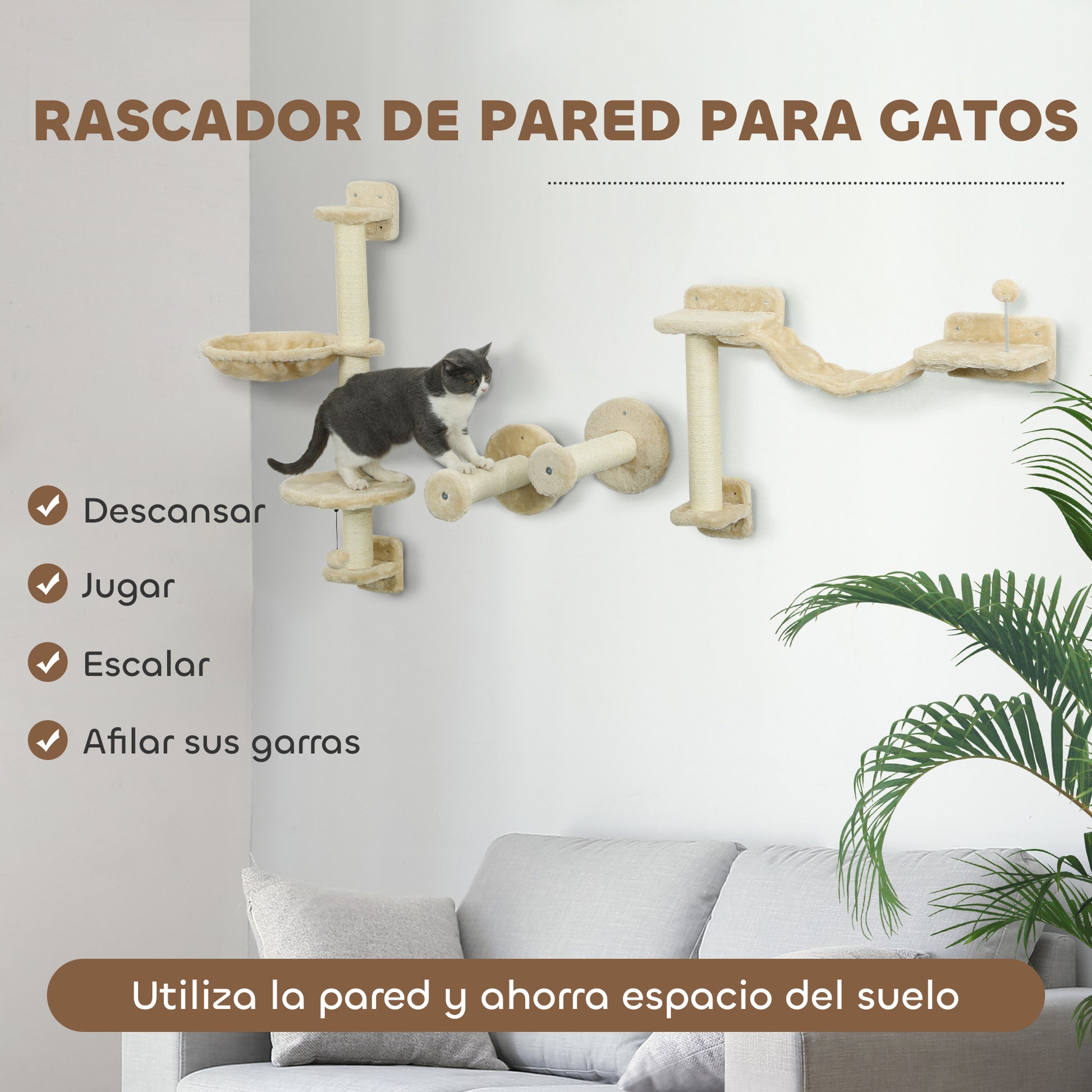 4-Piece Cat Shelves Set Wall Scratcher for Cats with Hammock Posts Scratching Soft Ladder Ball Jumping Platforms Beige