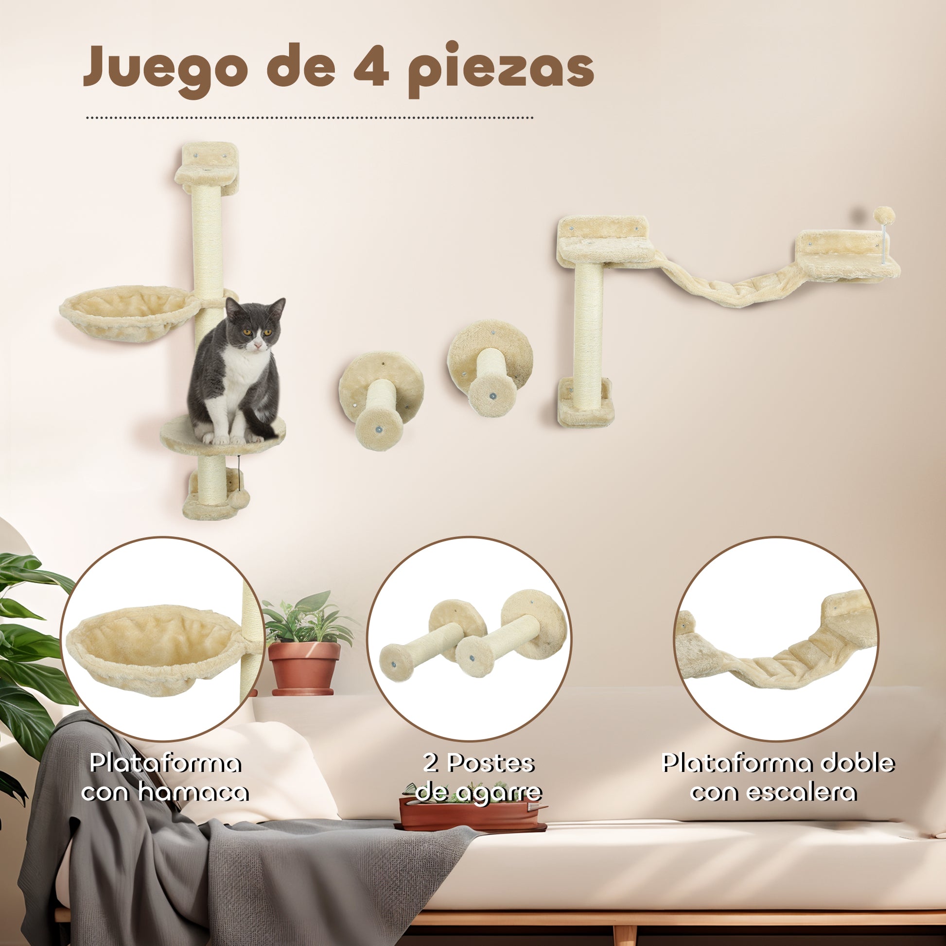 4-Piece Cat Shelves Set Wall Scratcher for Cats with Hammock Posts Scratching Soft Ladder Ball Jumping Platforms Beige