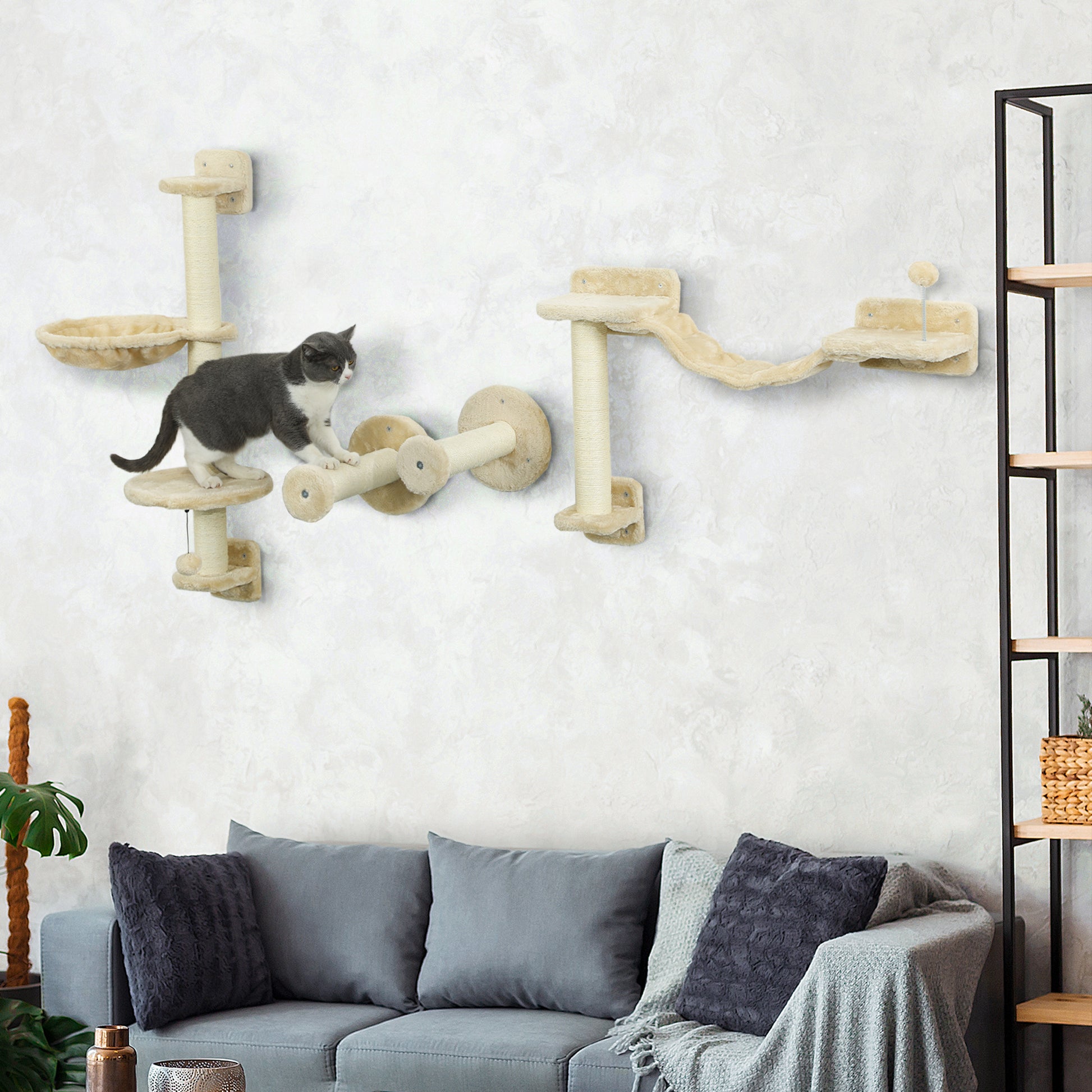 4-Piece Cat Shelves Set Wall Scratcher for Cats with Hammock Posts Scratching Soft Ladder Ball Jumping Platforms Beige