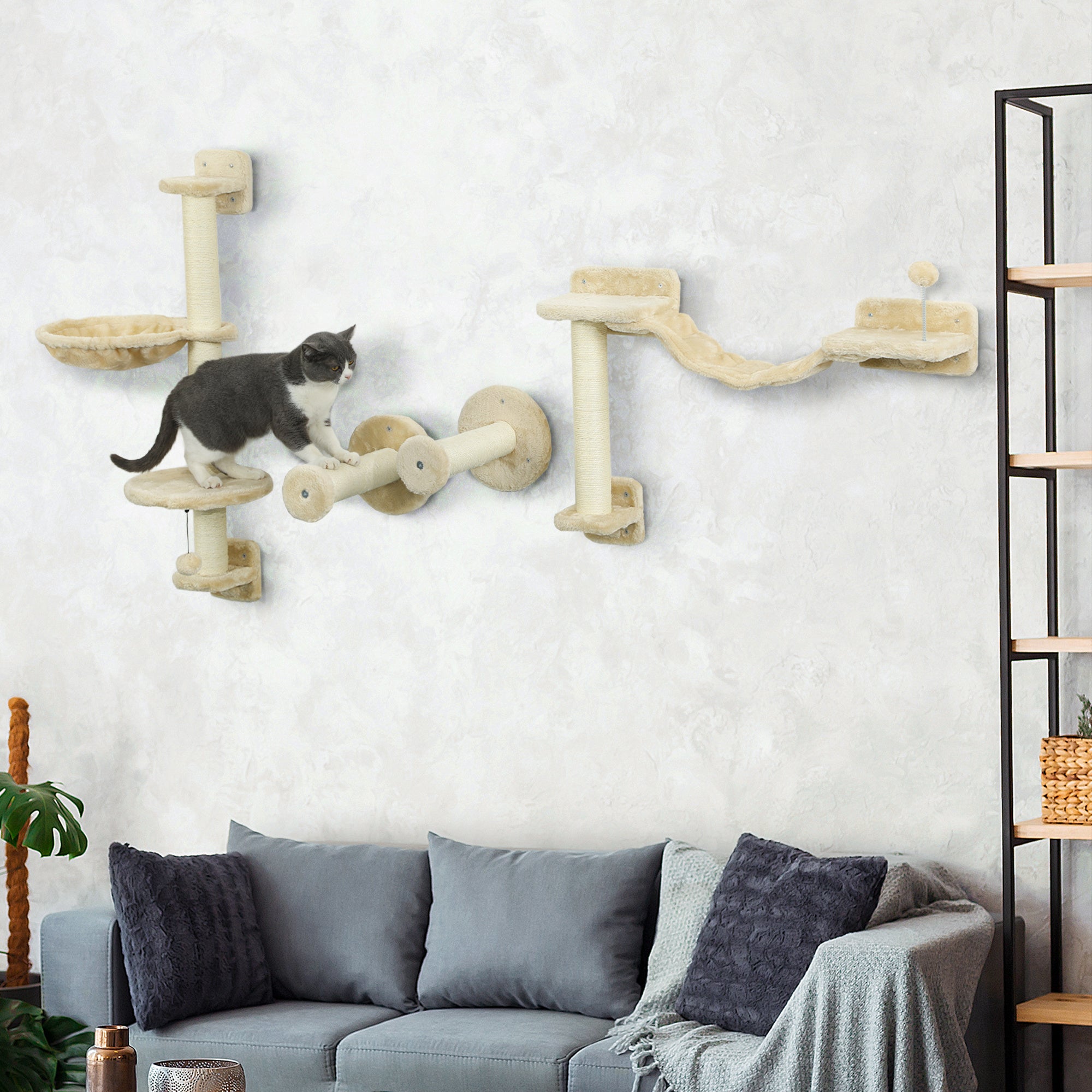 4-Piece Cat Shelves Set Wall Scratcher for Cats with Hammock Posts Scratching Soft Ladder Ball Jumping Platforms Beige