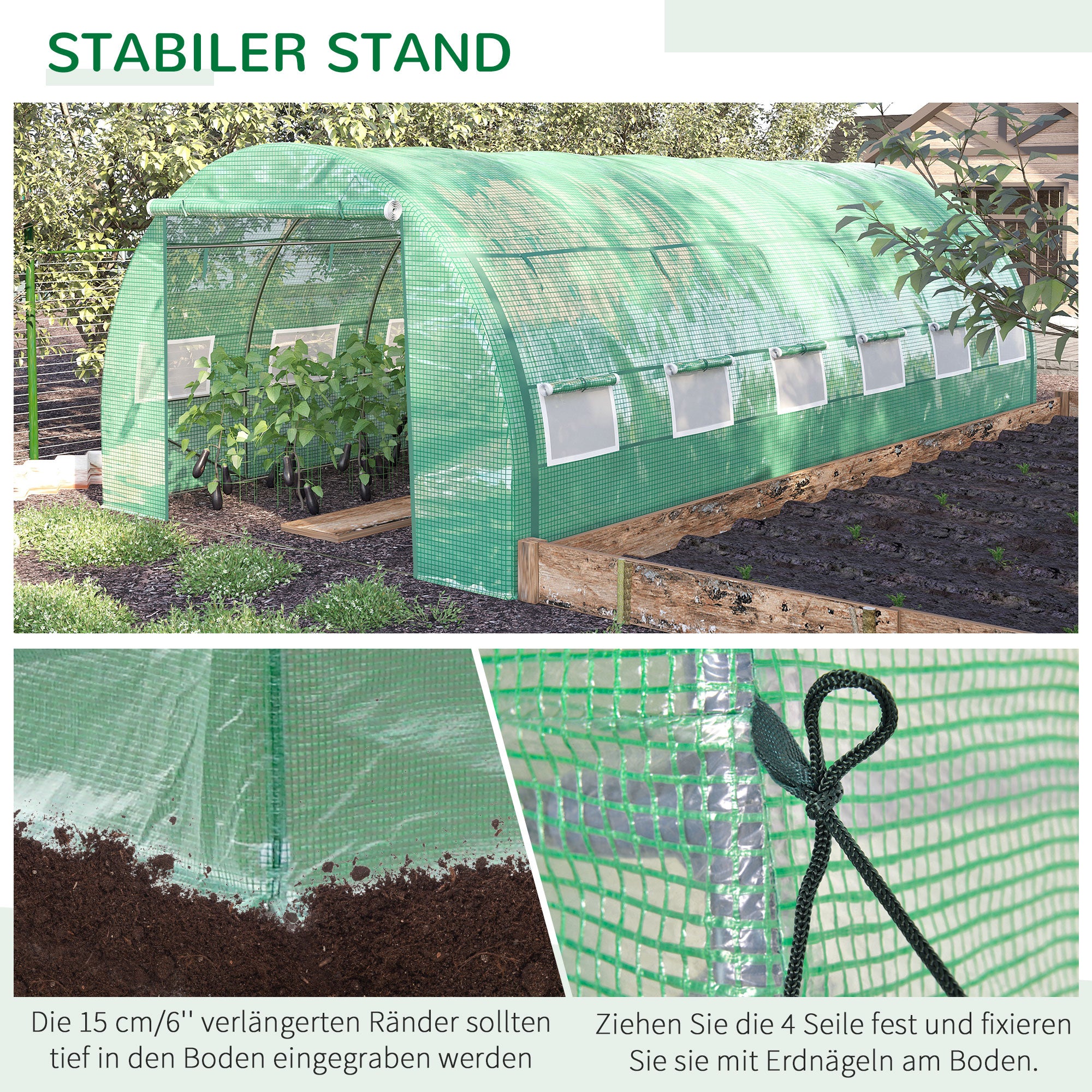 Poly Tunnel Greenhouse 6 x 3 x 2 m Walk-In Greenhouse with Roll-Up Covers Poly Tunnel Greenhouse UV Protection Steel Pipe Green