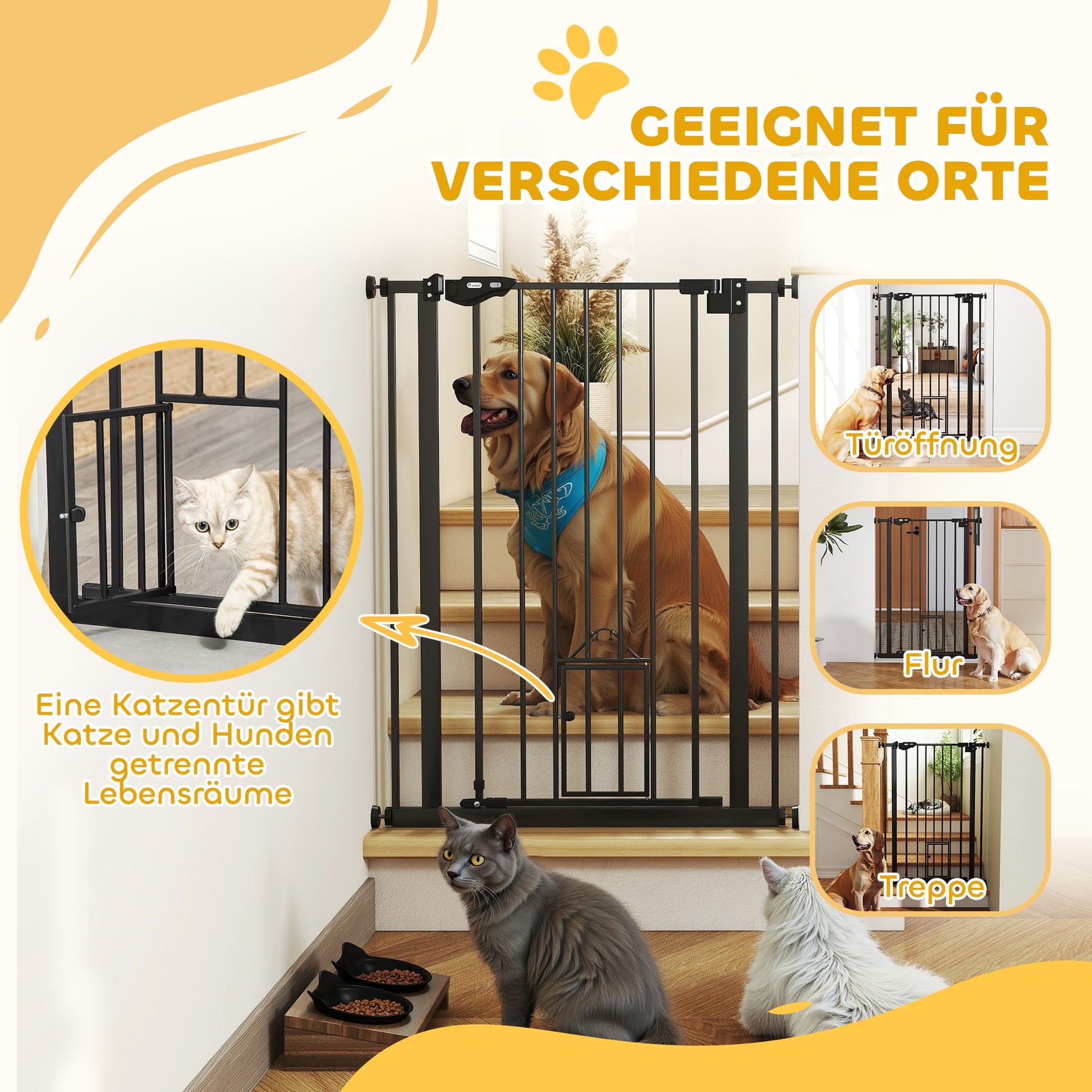 Dog Door Gate, Stair Gate, 74-80 cm Dog Door Gate, Stair Protection, Safety Gate, Automatic Lock, Steel, Black