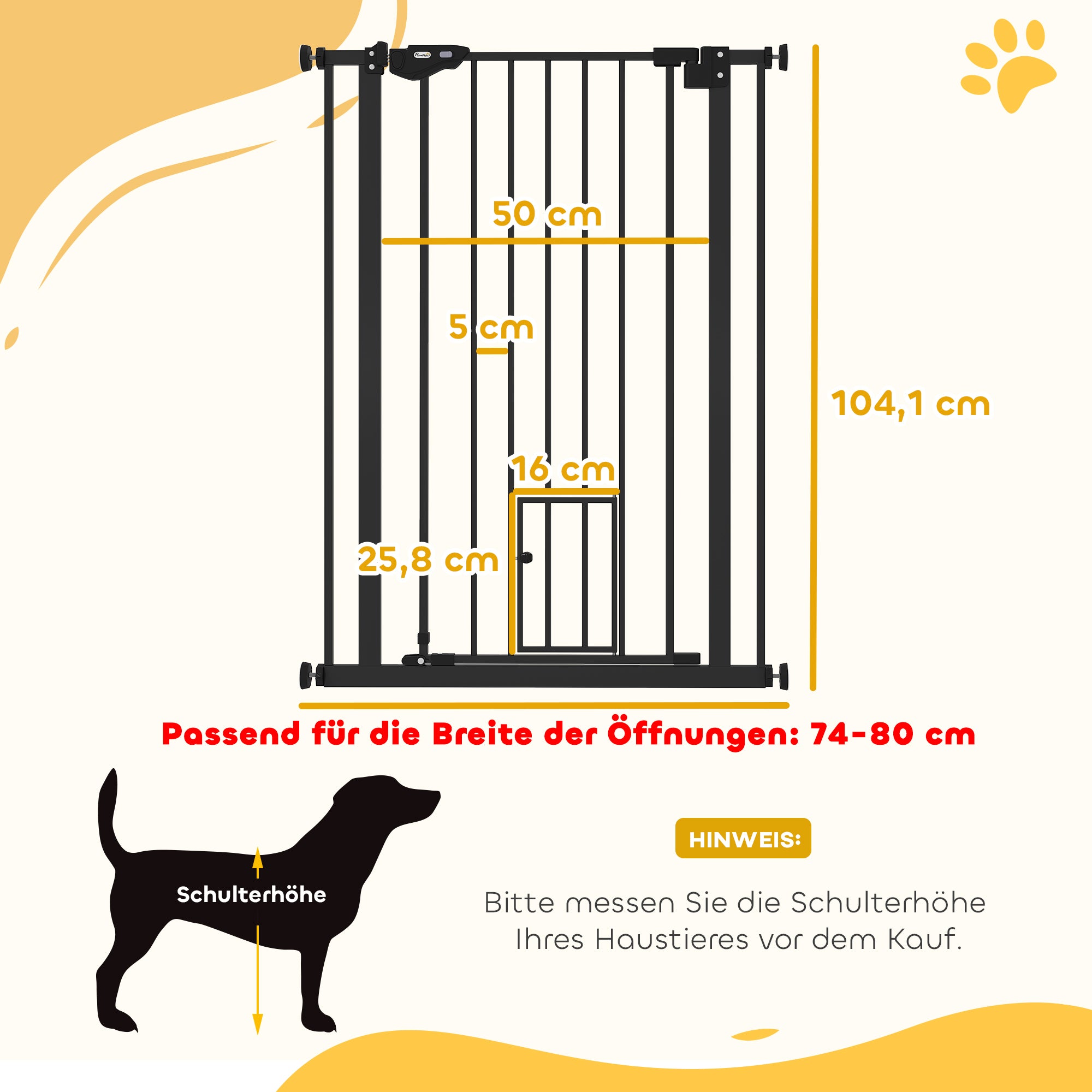 Dog Door Gate, Stair Gate, 74-80 cm Dog Door Gate, Stair Protection, Safety Gate, Automatic Lock, Steel, Black