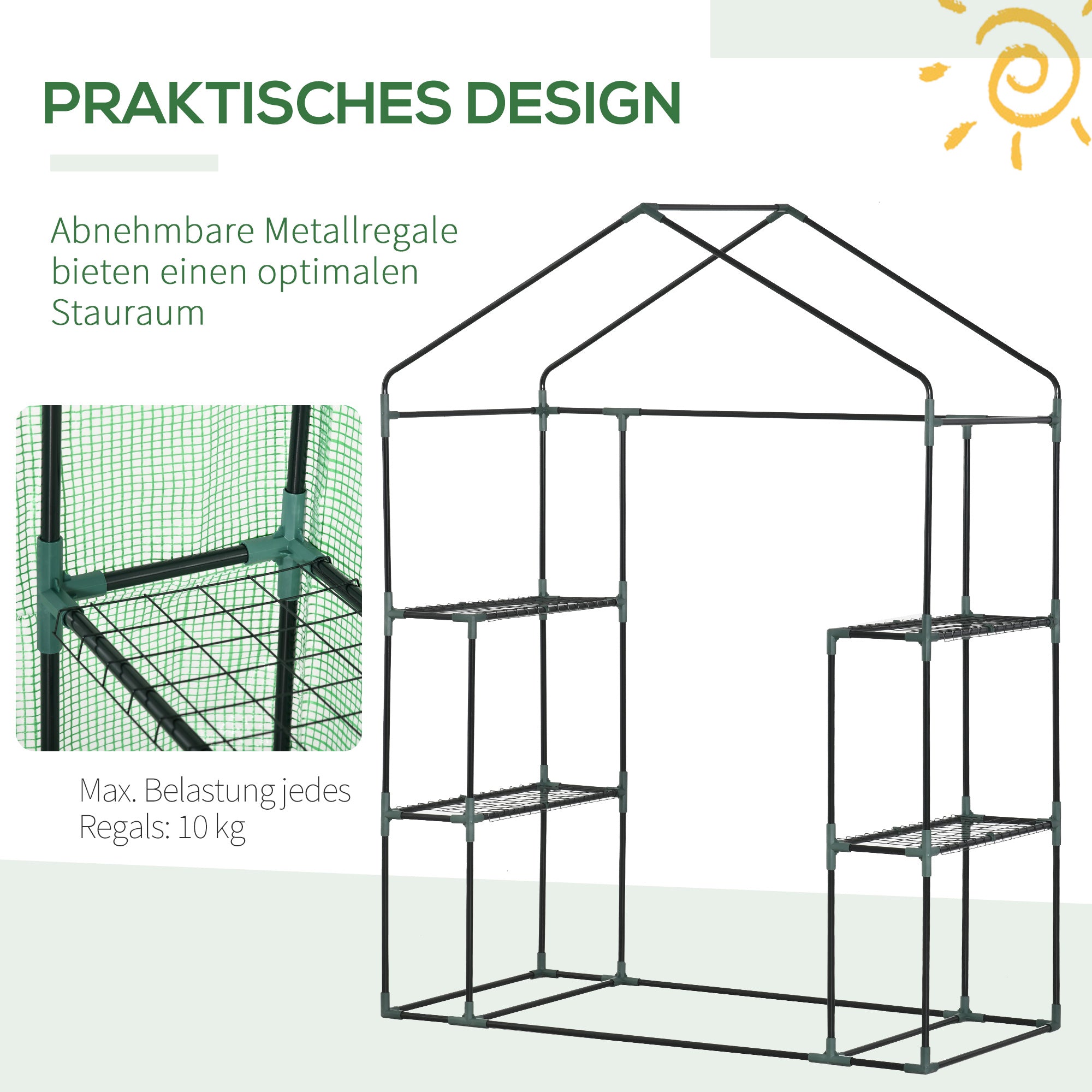 Foliage Greenhouse with 6 Shelves Walk-in Garden Shed Greenhouse Tomato House Plant House with Roll-up Entrance Cold Frame Green 141 x 72 x 191 cm