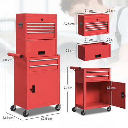 Workshop Trolley with Toolbox, 6 Drawers & Pegboard, Lockable, Empty Tool Cart with Handle, Steel Cabinet on Wheels, Red