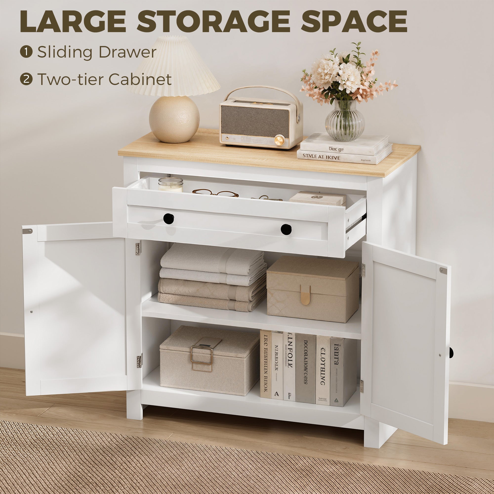 Sideboard Kitchen Cabinet with Drawer, Double Doors & Adjustable Shelf, White Oak-Effect — 30.9 x 13.8 x 31.5 in