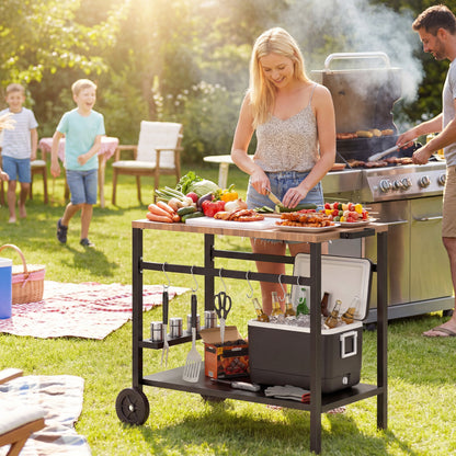 2-Tier Mobile BBQ Cart with Wood-Effect Top, Drink Holder, Hooks & Wheels — Black/Brown