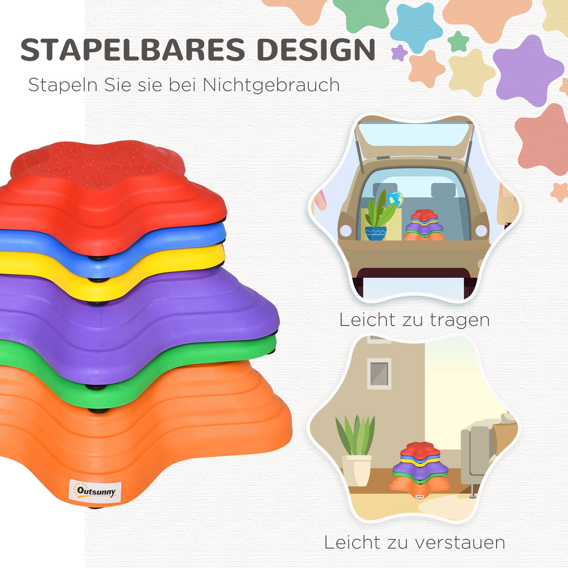 River Stones, 6-pc Balancing Stones, Balance Game, Non-Slip Stackable Stones, Stepping Stones Up to 80 kg Load Capacity, for Children Aged 3-8, Multicolored