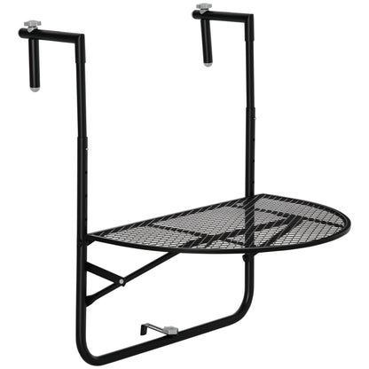 Foldable Metal Railing Table, Balcony Table with Adjustable Height for Railings 3-11cm, Semicircular Shape, 60x60x57-72cm, Black