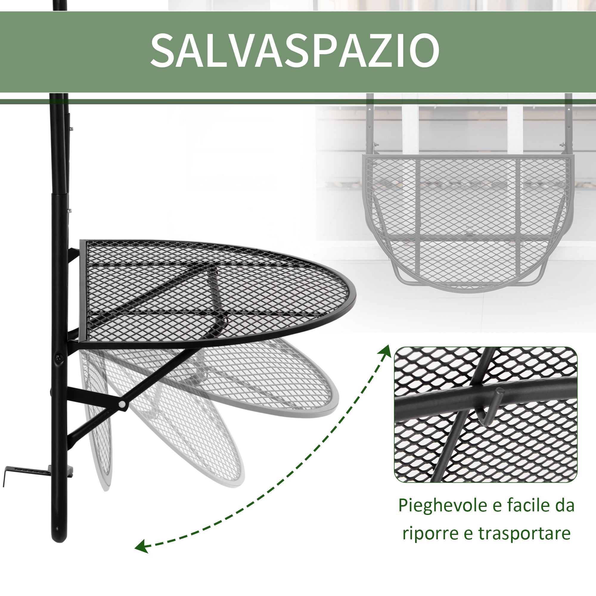 Foldable Metal Railing Table, Balcony Table with Adjustable Height for Railings 3-11cm, Semicircular Shape, 60x60x57-72cm, Black