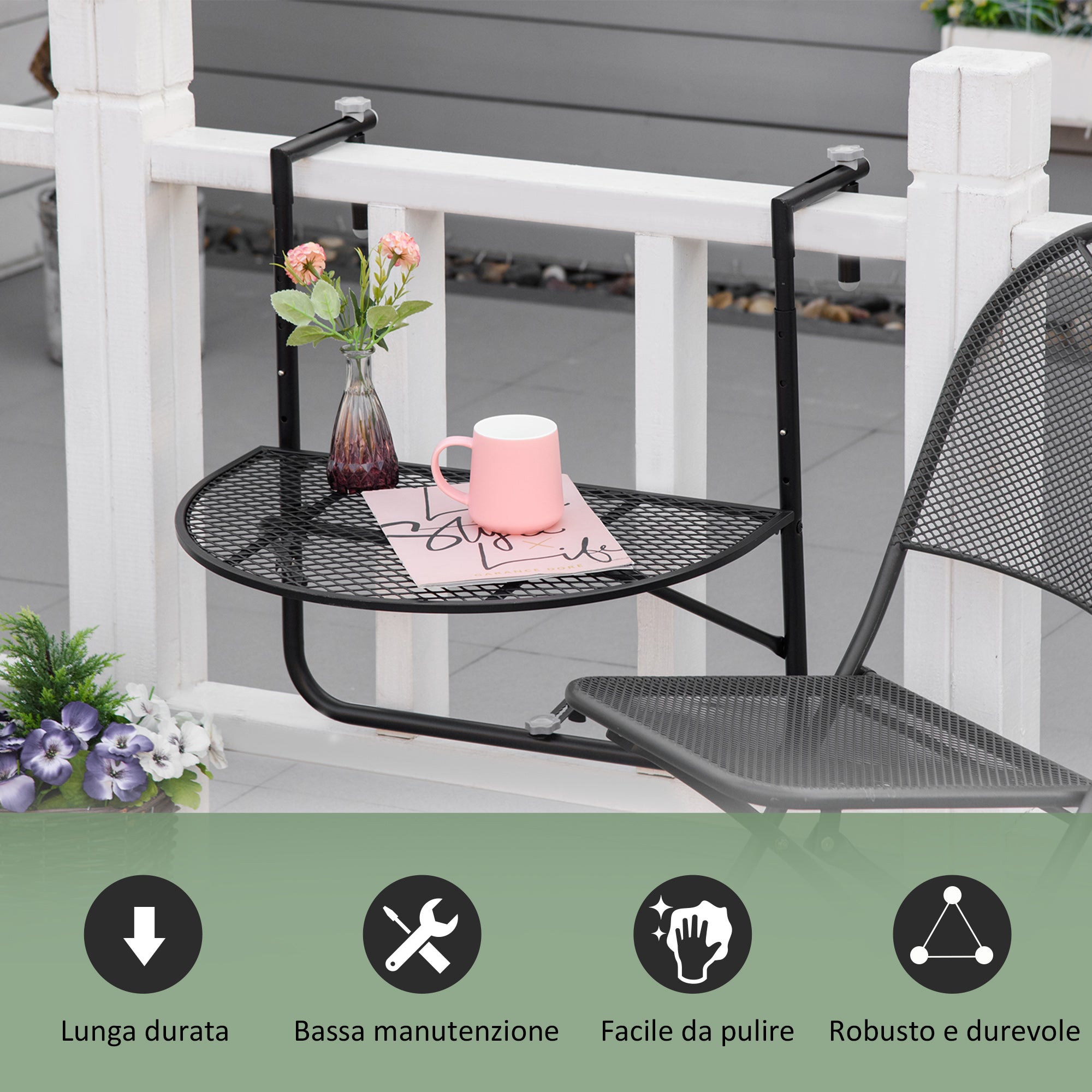 Foldable Metal Railing Table, Balcony Table with Adjustable Height for Railings 3-11cm, Semicircular Shape, 60x60x57-72cm, Black