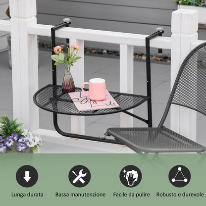 Foldable Metal Railing Table, Balcony Table with Adjustable Height for Railings 3-11cm, Semicircular Shape, 60x60x57-72cm, Black