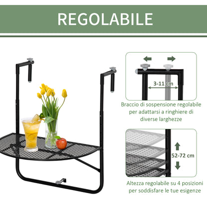 Foldable Metal Railing Table, Balcony Table with Adjustable Height for Railings 3-11cm, Semicircular Shape, 60x60x57-72cm, Black