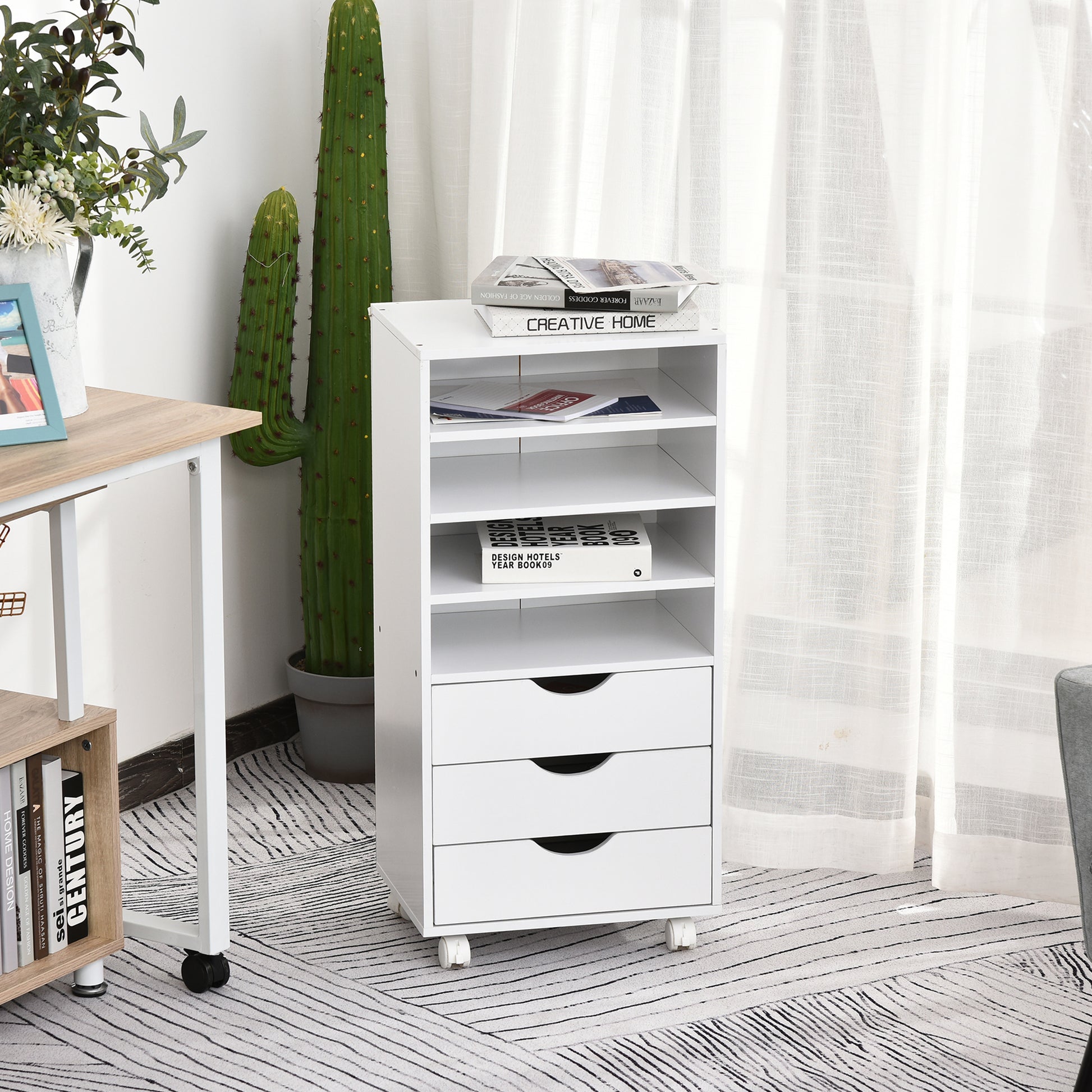 Office Drawer Unit with 3 Drawers and 4 Open Shelves Desk Drawer Unit with Wheels for Office Study 38x40x86.8 cm White