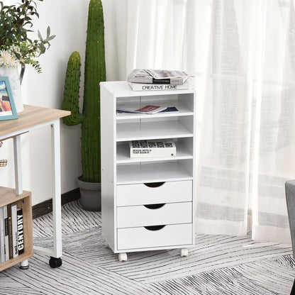 Office Drawer Unit with 3 Drawers and 4 Open Shelves Desk Drawer Unit with Wheels for Office Study 38x40x86.8 cm White