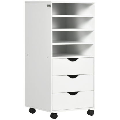 Office Drawer Unit with 3 Drawers and 4 Open Shelves Desk Drawer Unit with Wheels for Office Study 38x40x86.8 cm White