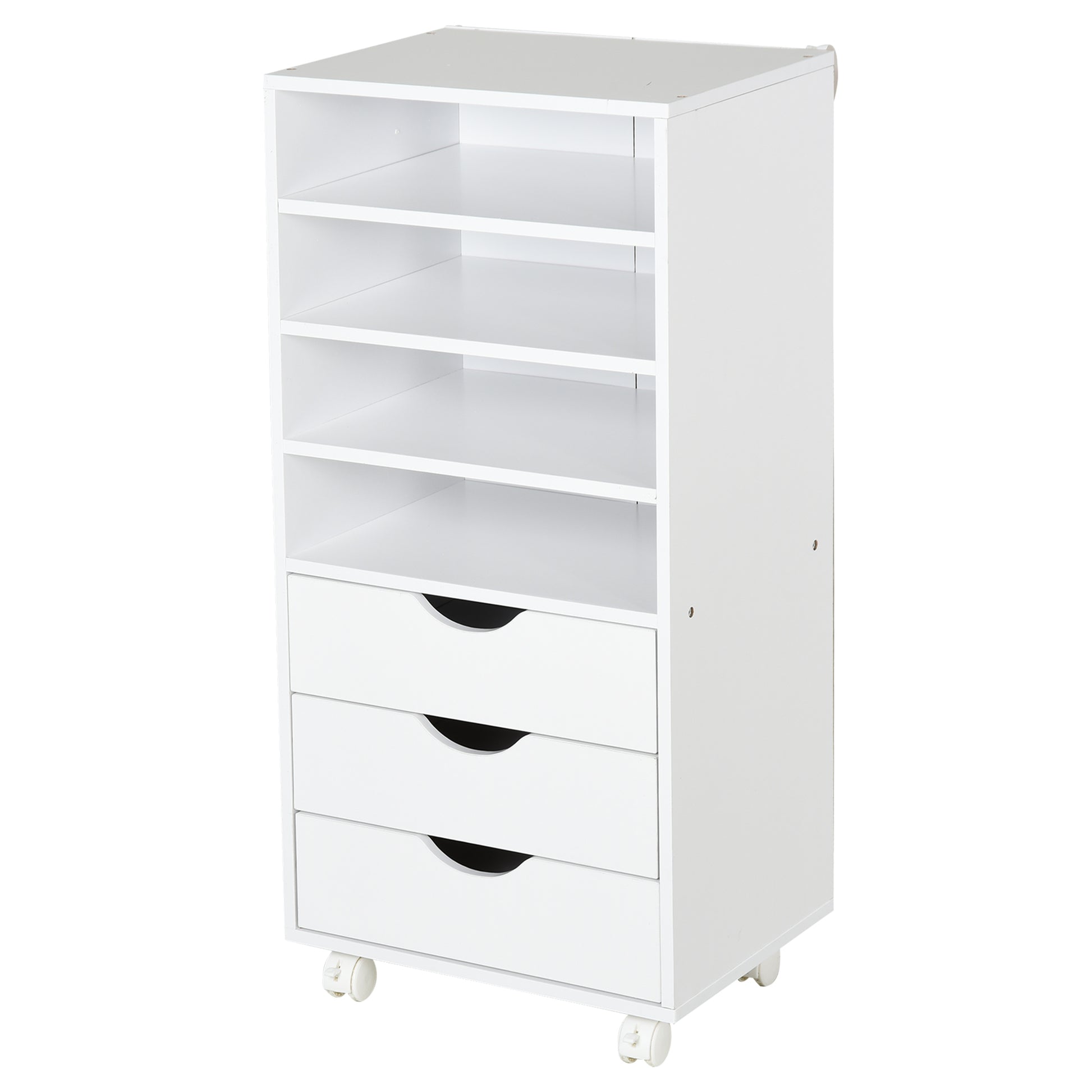 Office Drawer Unit with 3 Drawers and 4 Open Shelves Desk Drawer Unit with Wheels for Office Study 38x40x86.8 cm White