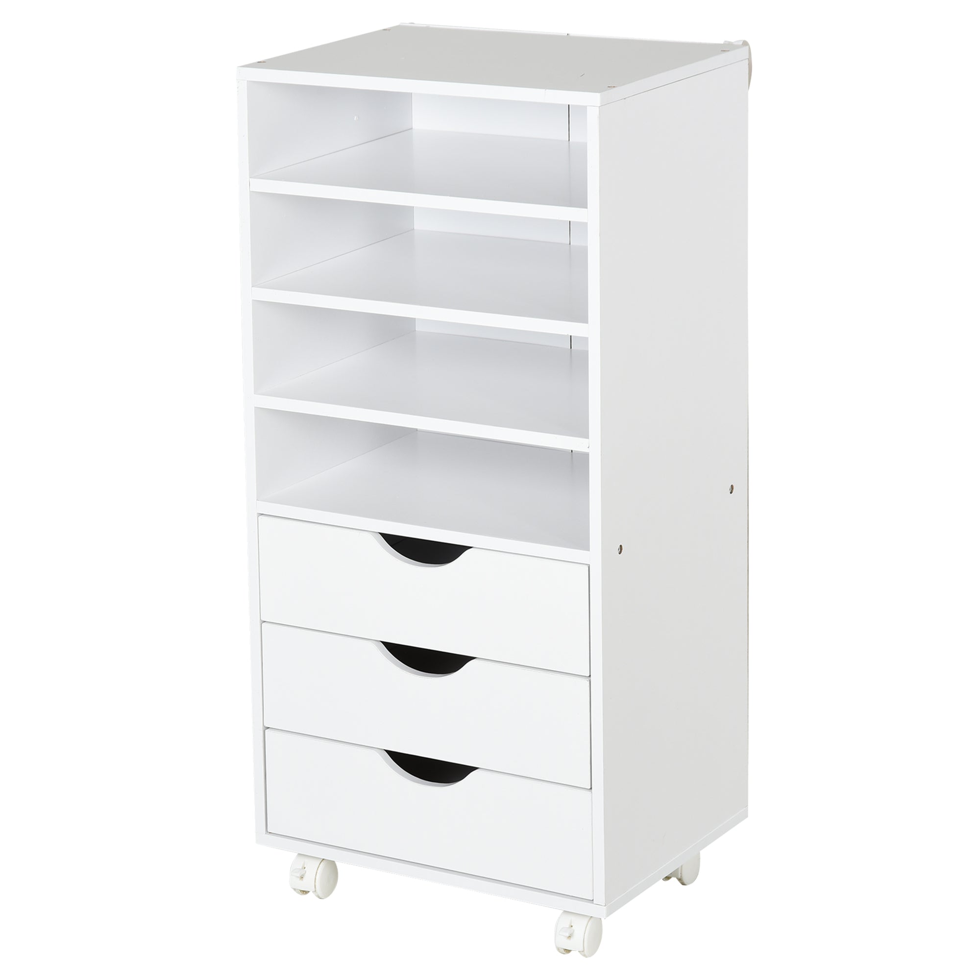 Office Drawer Unit with 3 Drawers and 4 Open Shelves Desk Drawer Unit with Wheels for Office Study 38x40x86.8 cm White