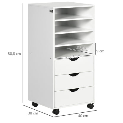 Office Drawer Unit with 3 Drawers and 4 Open Shelves Desk Drawer Unit with Wheels for Office Study 38x40x86.8 cm White