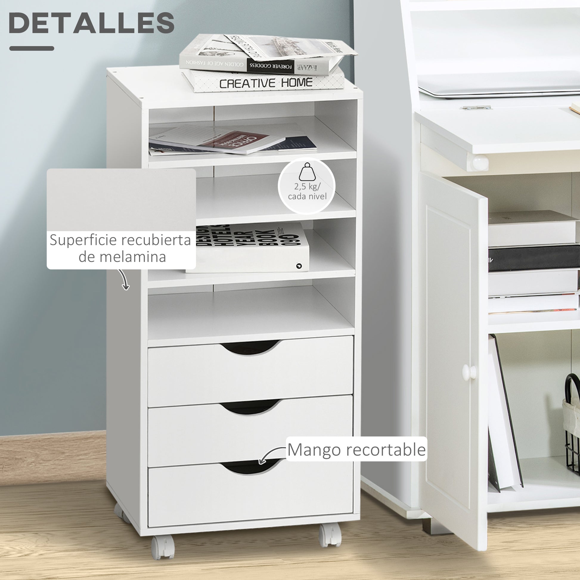 Office Drawer Unit with 3 Drawers and 4 Open Shelves Desk Drawer Unit with Wheels for Office Study 38x40x86.8 cm White