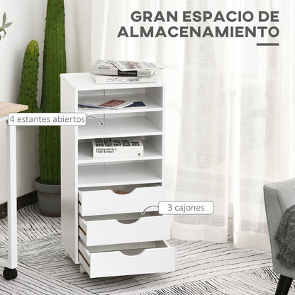 Office Drawer Unit with 3 Drawers and 4 Open Shelves Desk Drawer Unit with Wheels for Office Study 38x40x86.8 cm White