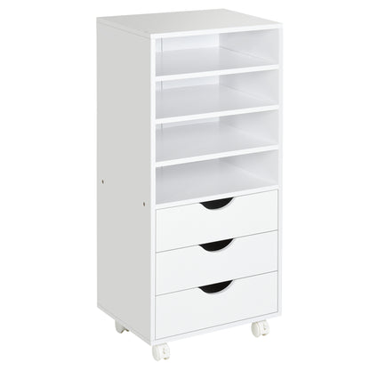 Office Drawer Unit with 3 Drawers and 4 Open Shelves Desk Drawer Unit with Wheels for Office Study 38x40x86.8 cm White