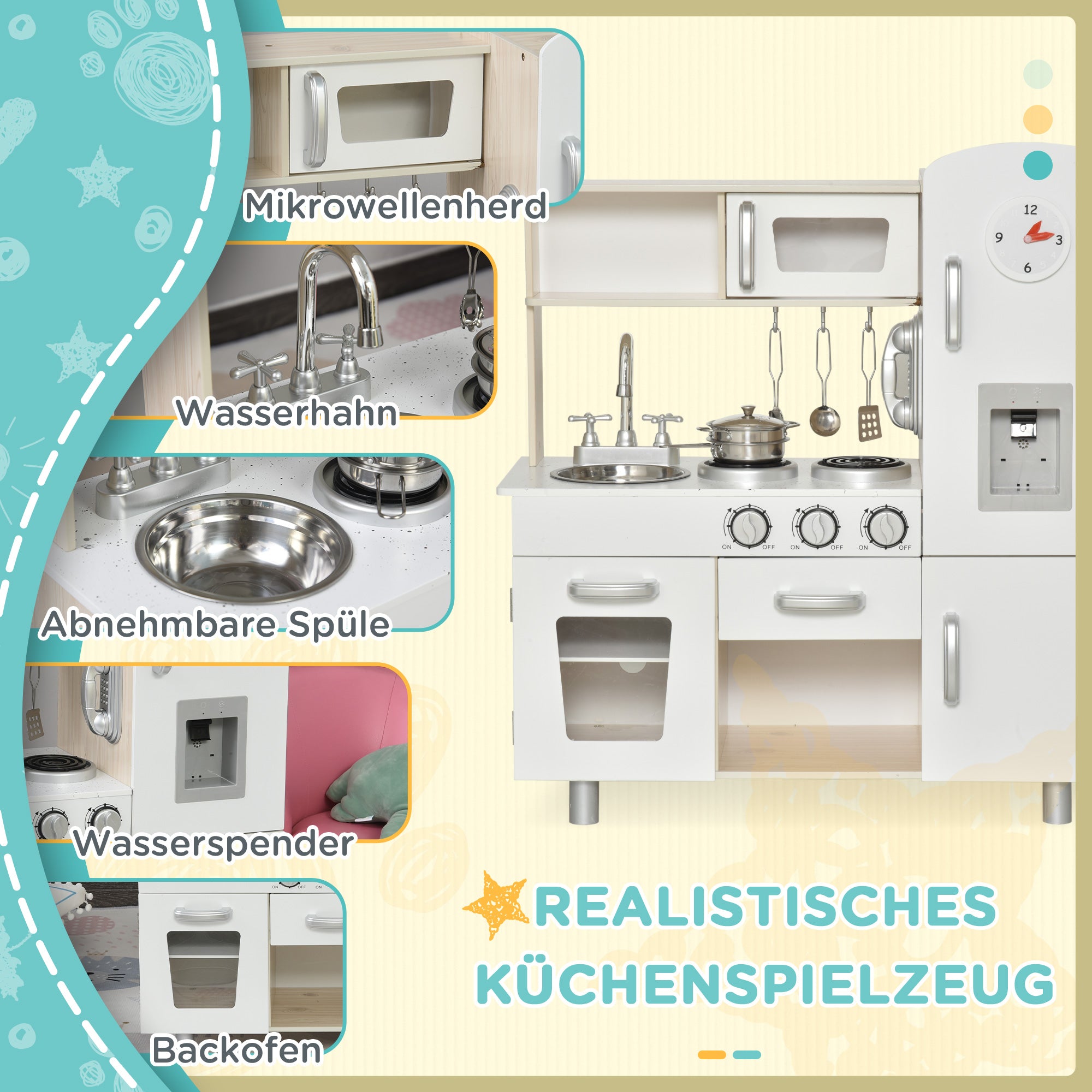 Kids Kitchen with Accessories, Dream Kitchen, Play Kitchen, Toy Kitchen for Children aged 3 and Up, Pine, MDF, White, 74 x 30 x 81 cm