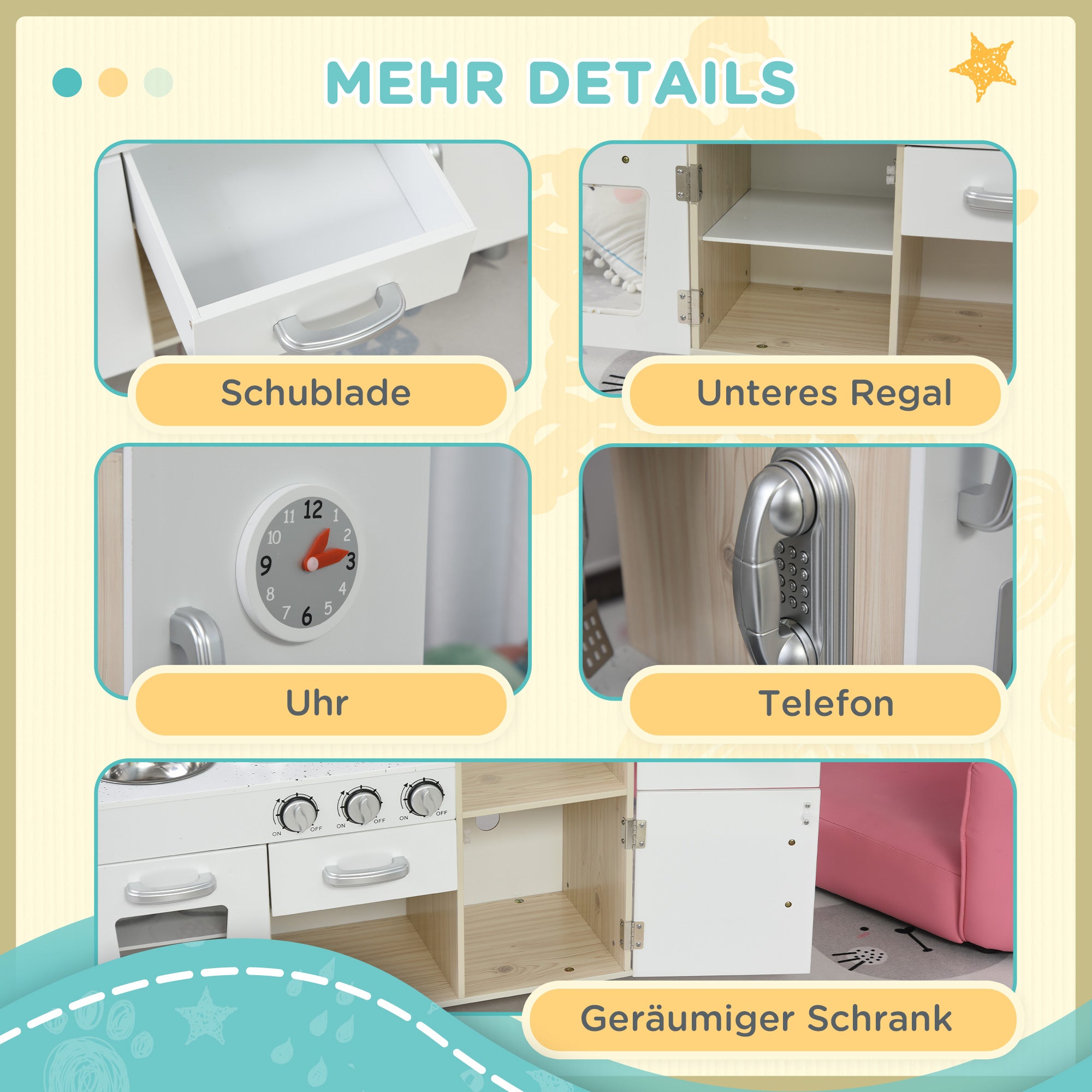 Kids Kitchen with Accessories, Dream Kitchen, Play Kitchen, Toy Kitchen for Children aged 3 and Up, Pine, MDF, White, 74 x 30 x 81 cm