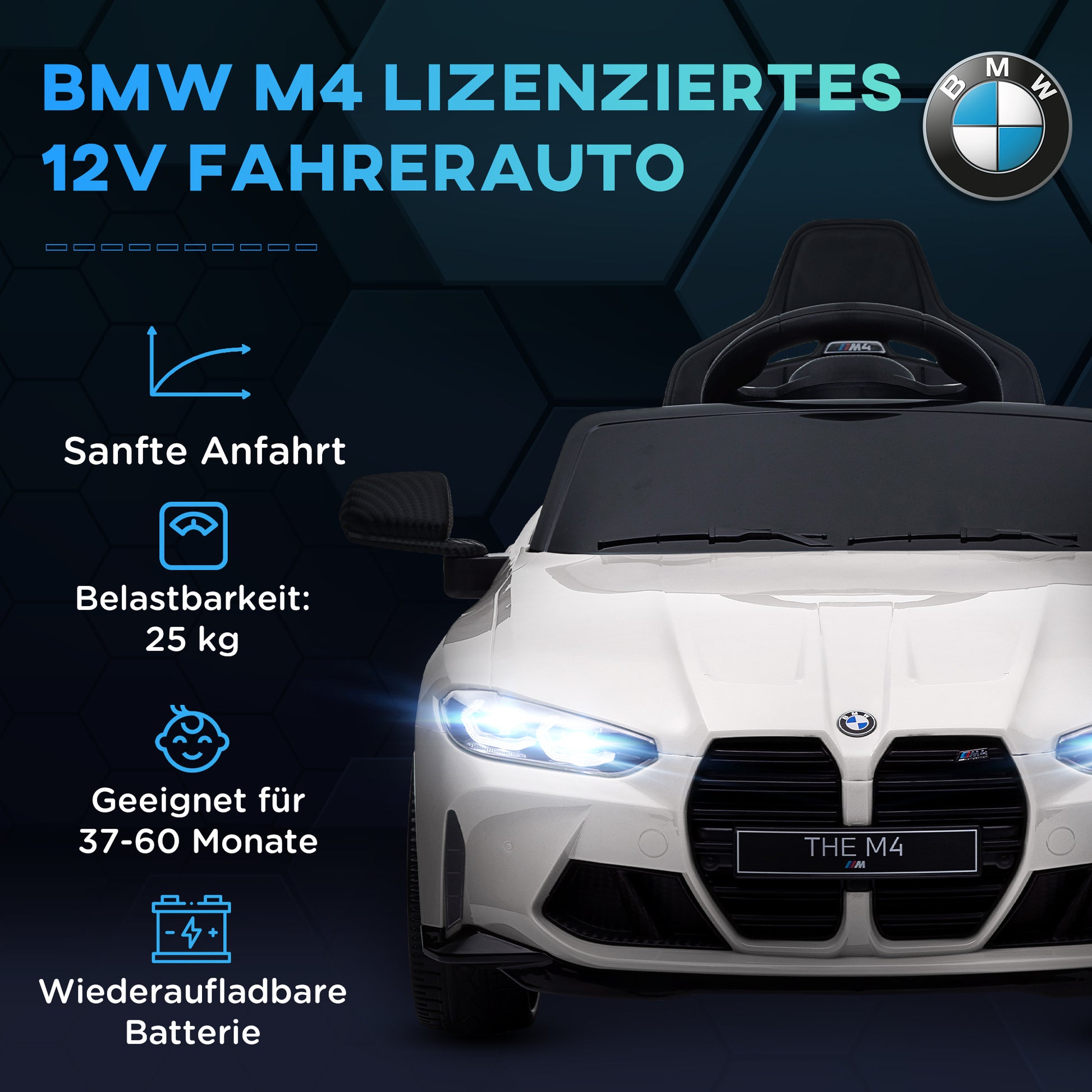 Kids Electric Car 12V Children's Car with 2.4G Remote Control, Suspension, Gentle Start, Electric Vehicle with MP3, USB, LED Lights, Horn, 3-5 km/h, for Kids 3-5 Years, White