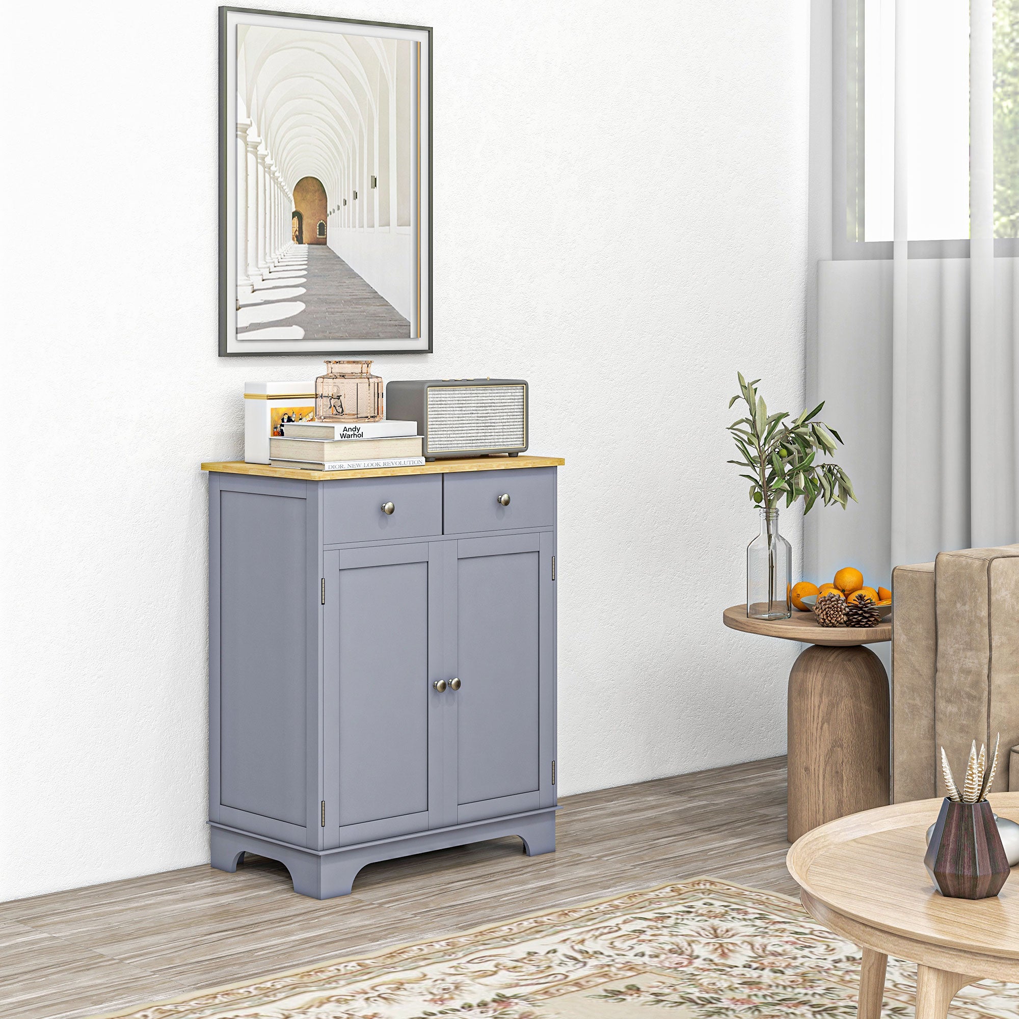 Living Room Storage Buffet with Cupboards, 2 Drawers, and Adjustable Shelf, Storage Cabinet for Living Room, Kitchen, Bedroom, Gray and Natural Wood