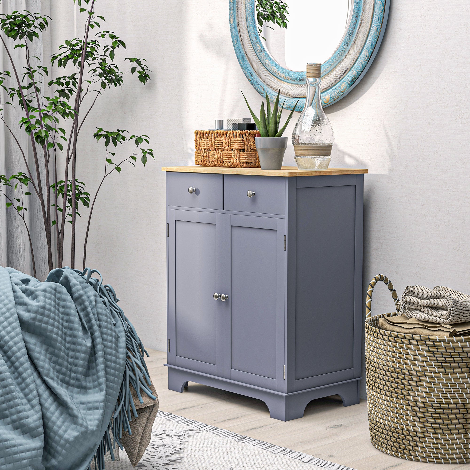 Living Room Storage Buffet with Cupboards, 2 Drawers, and Adjustable Shelf, Storage Cabinet for Living Room, Kitchen, Bedroom, Gray and Natural Wood