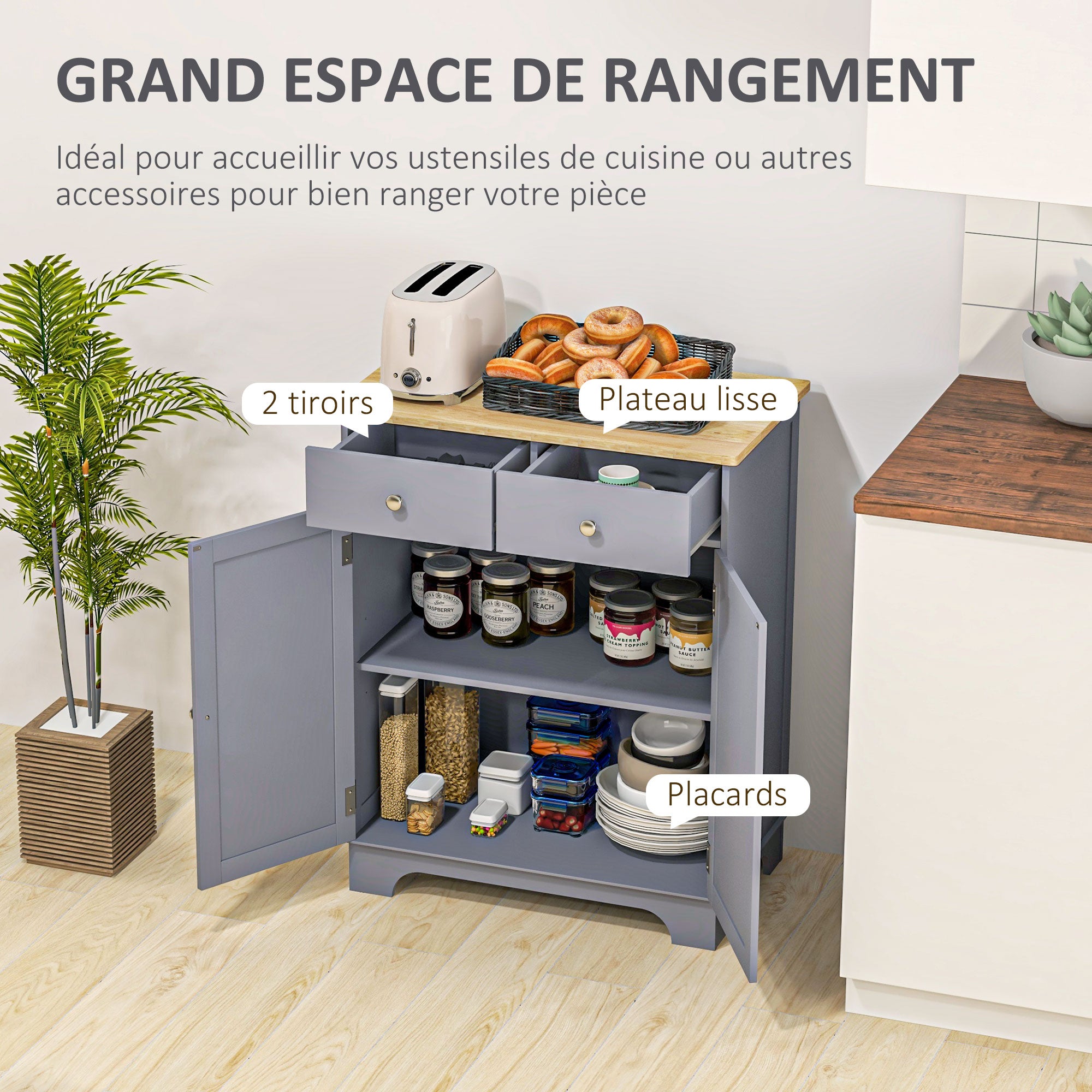 Living Room Storage Buffet with Cupboards, 2 Drawers, and Adjustable Shelf, Storage Cabinet for Living Room, Kitchen, Bedroom, Gray and Natural Wood
