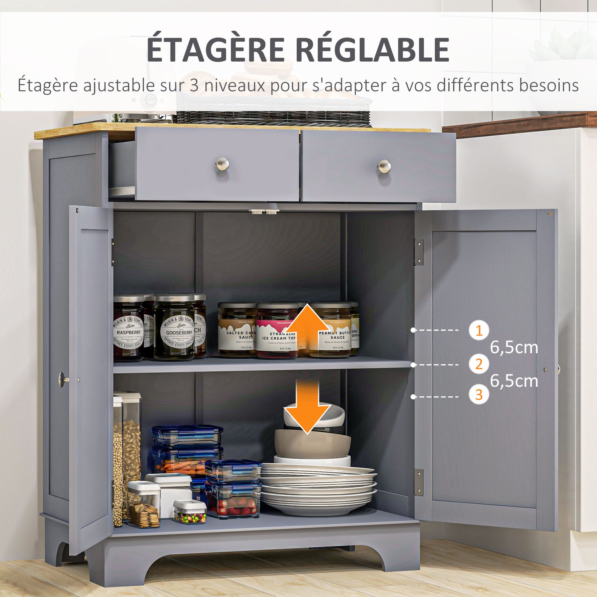 Living Room Storage Buffet with Cupboards, 2 Drawers, and Adjustable Shelf, Storage Cabinet for Living Room, Kitchen, Bedroom, Gray and Natural Wood