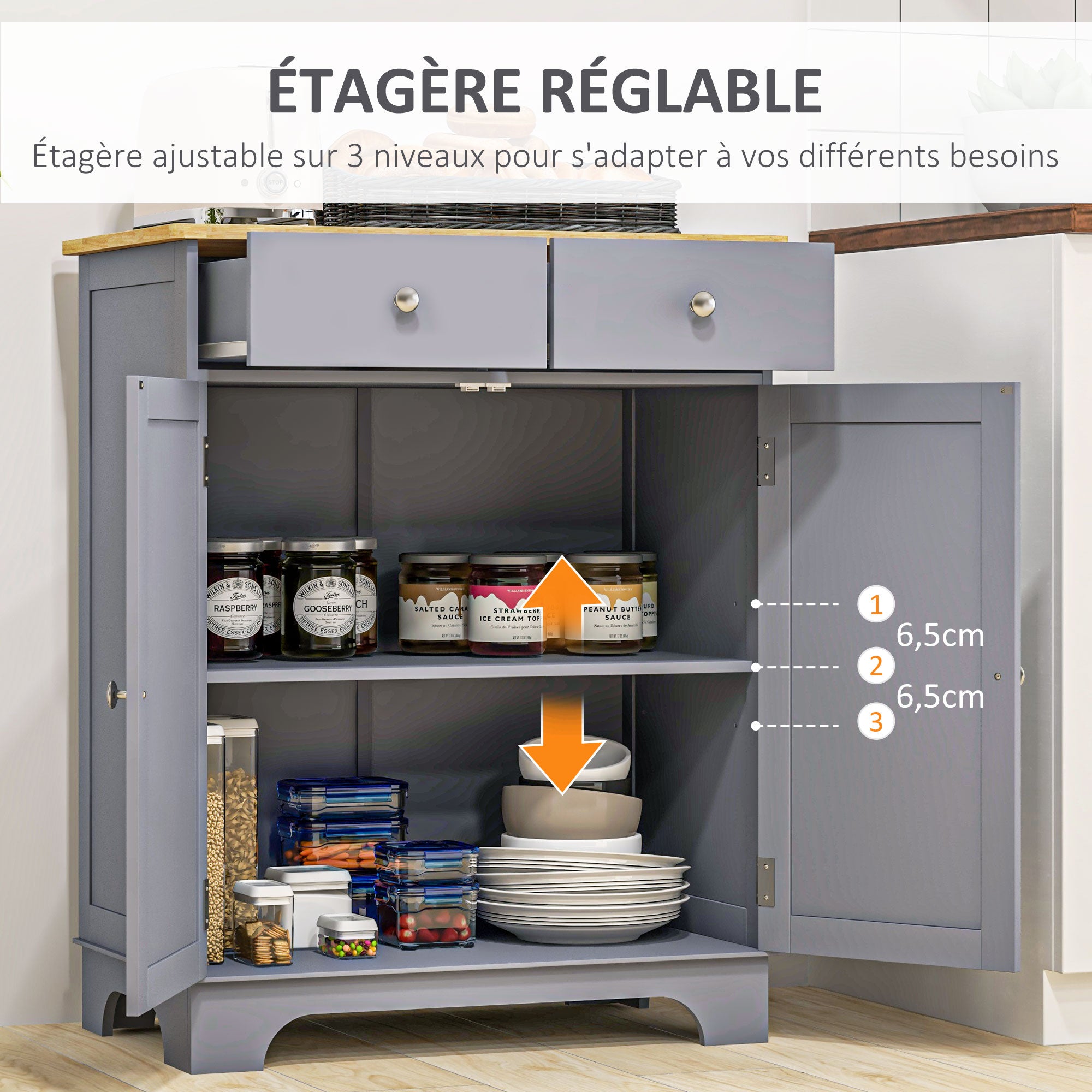 Living Room Storage Buffet with Cupboards, 2 Drawers, and Adjustable Shelf, Storage Cabinet for Living Room, Kitchen, Bedroom, Gray and Natural Wood