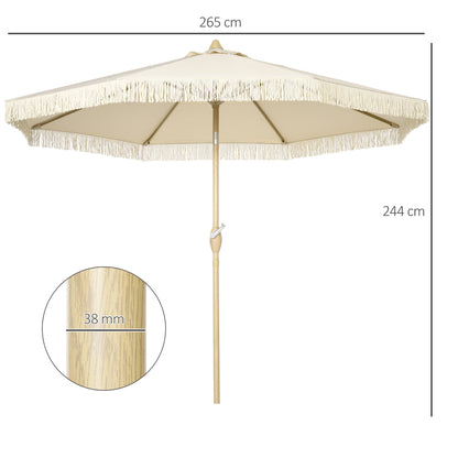 Outdoor Garden Umbrella with Fringes Tilting Garden Umbrella with Crank Metal Pole Bohemian Style 8 Ribs Ø 265 x 244H cm Cream