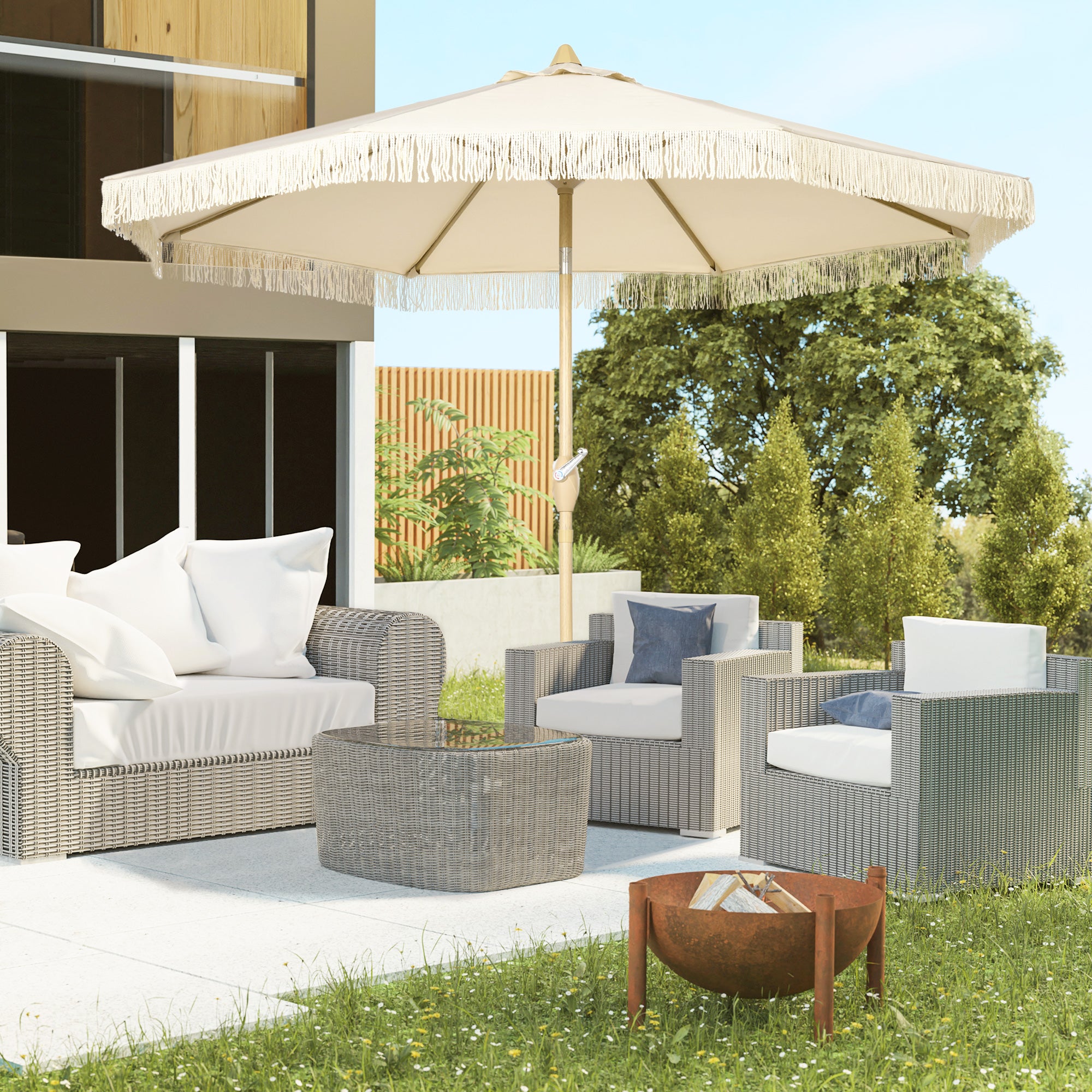 Outdoor Garden Umbrella with Fringes Tilting Garden Umbrella with Crank Metal Pole Bohemian Style 8 Ribs Ø 265 x 244H cm Cream