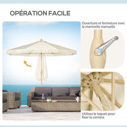 Outdoor Garden Umbrella with Fringes Tilting Garden Umbrella with Crank Metal Pole Bohemian Style 8 Ribs Ø 265 x 244H cm Cream