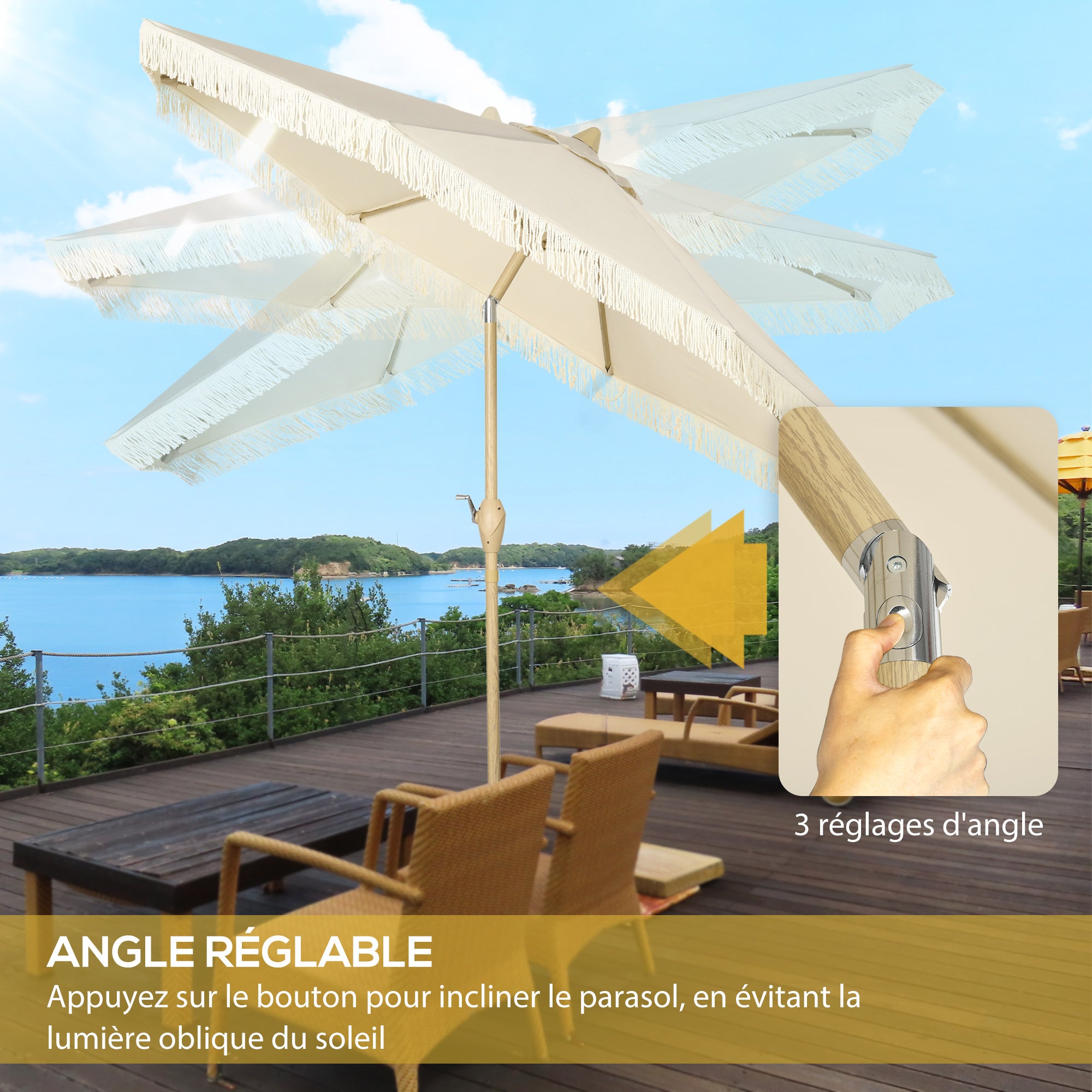 Outdoor Garden Umbrella with Fringes Tilting Garden Umbrella with Crank Metal Pole Bohemian Style 8 Ribs Ø 265 x 244H cm Cream