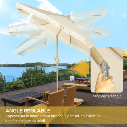 Outdoor Garden Umbrella with Fringes Tilting Garden Umbrella with Crank Metal Pole Bohemian Style 8 Ribs Ø 265 x 244H cm Cream