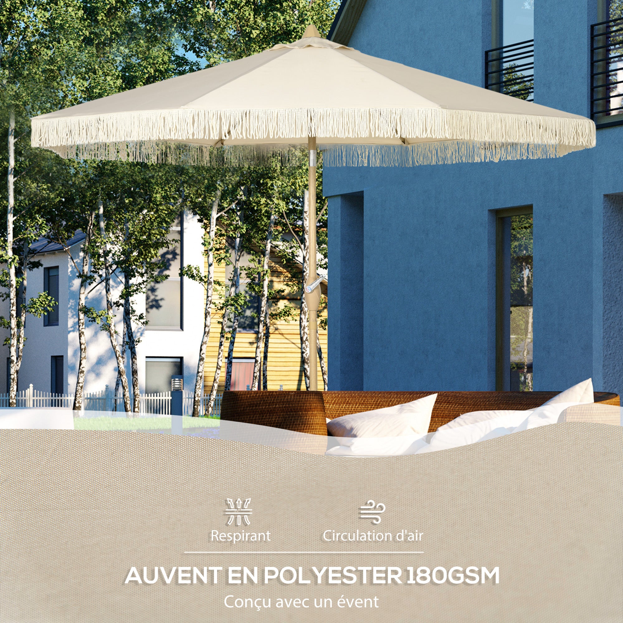Outdoor Garden Umbrella with Fringes Tilting Garden Umbrella with Crank Metal Pole Bohemian Style 8 Ribs Ø 265 x 244H cm Cream