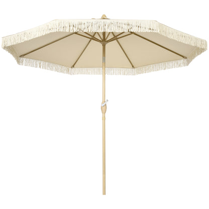 Outdoor Garden Umbrella with Fringes Tilting Garden Umbrella with Crank Metal Pole Bohemian Style 8 Ribs Ø 265 x 244H cm Cream