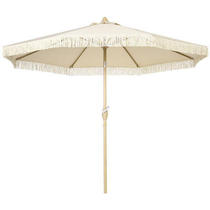 Outdoor Garden Umbrella with Fringes Tilting Garden Umbrella with Crank Metal Pole Bohemian Style 8 Ribs Ø 265 x 244H cm Cream