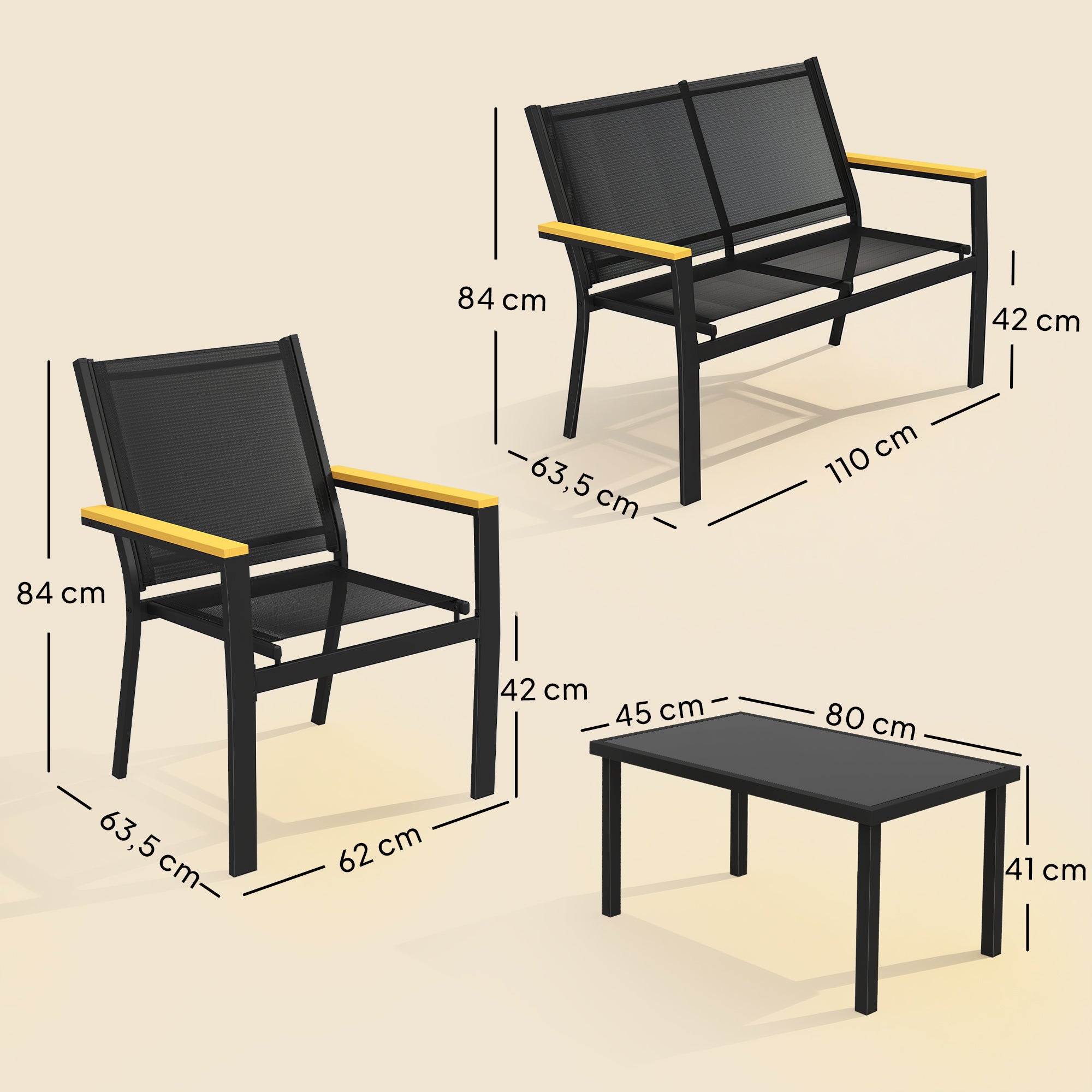 4-Piece Outdoor Patio Furniture Set — 2-Seat Sofa, 2 Armchairs & Tempered Glass Coffee Table, Textilene Fabric, Wide Composite Wood-Look Armrests, Black