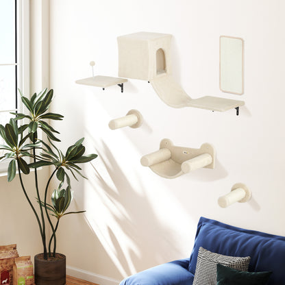 6-Piece Cat Climbing Wall Set Cat Shelves with Condo Platform Hammock Stairs Perch Scratching Board Sisal Post Toy Ball Beige