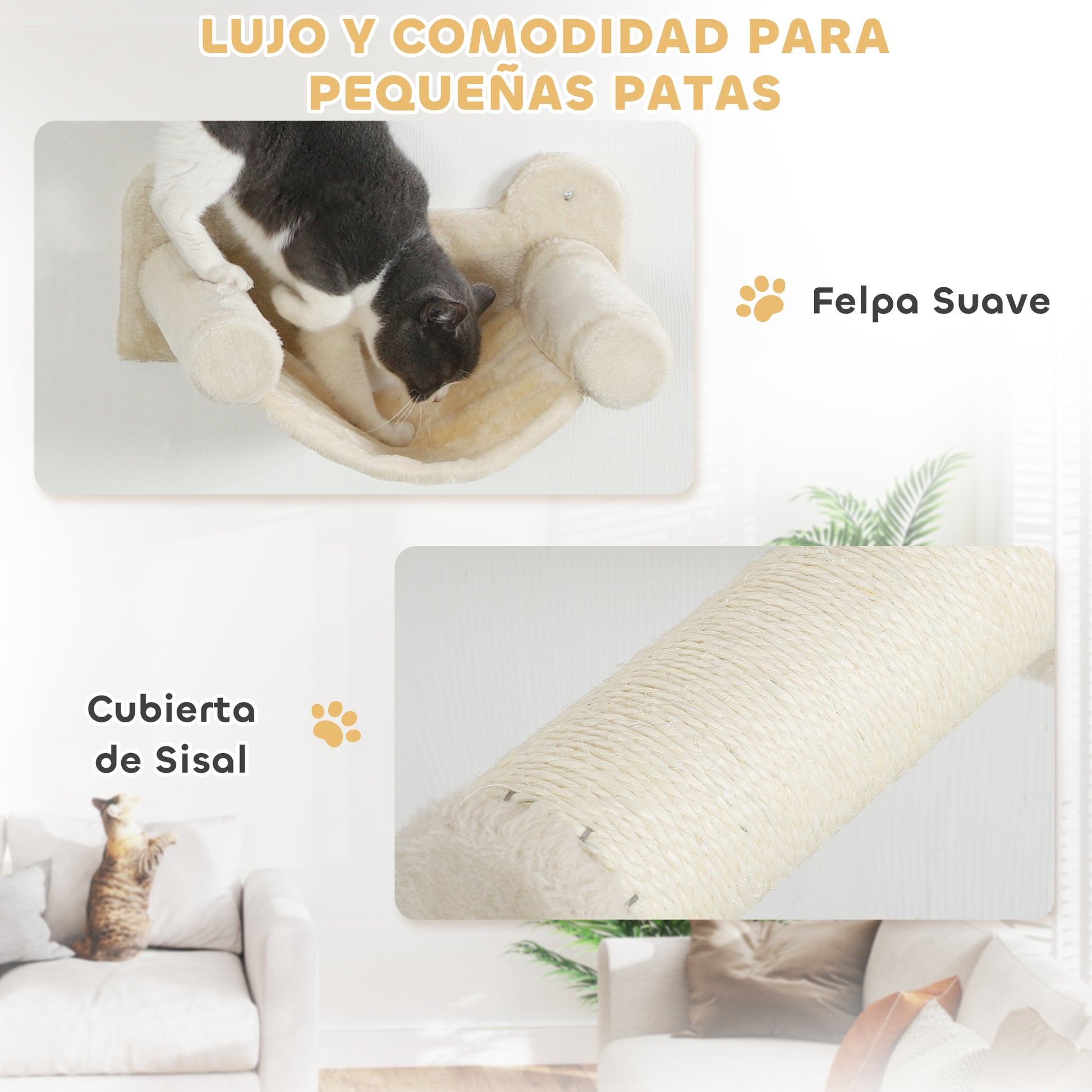 6-Piece Cat Climbing Wall Set Cat Shelves with Condo Platform Hammock Stairs Perch Scratching Board Sisal Post Toy Ball Beige
