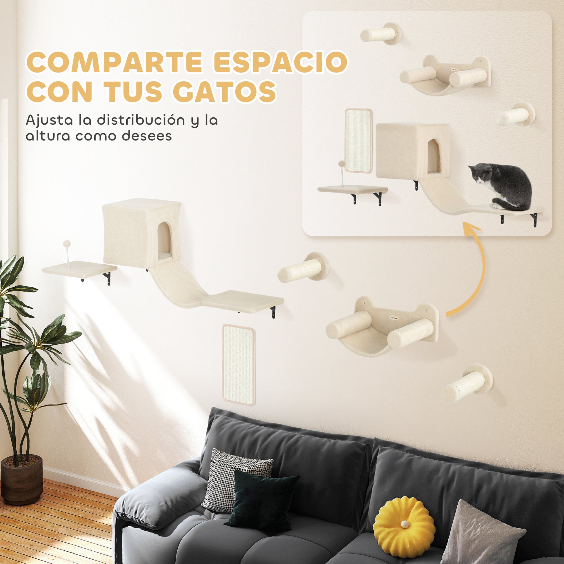 6-Piece Cat Climbing Wall Set Cat Shelves with Condo Platform Hammock Stairs Perch Scratching Board Sisal Post Toy Ball Beige