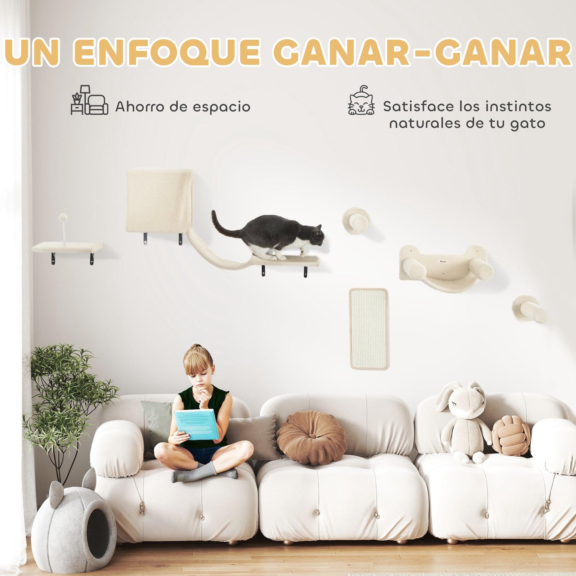 6-Piece Cat Climbing Wall Set Cat Shelves with Condo Platform Hammock Stairs Perch Scratching Board Sisal Post Toy Ball Beige