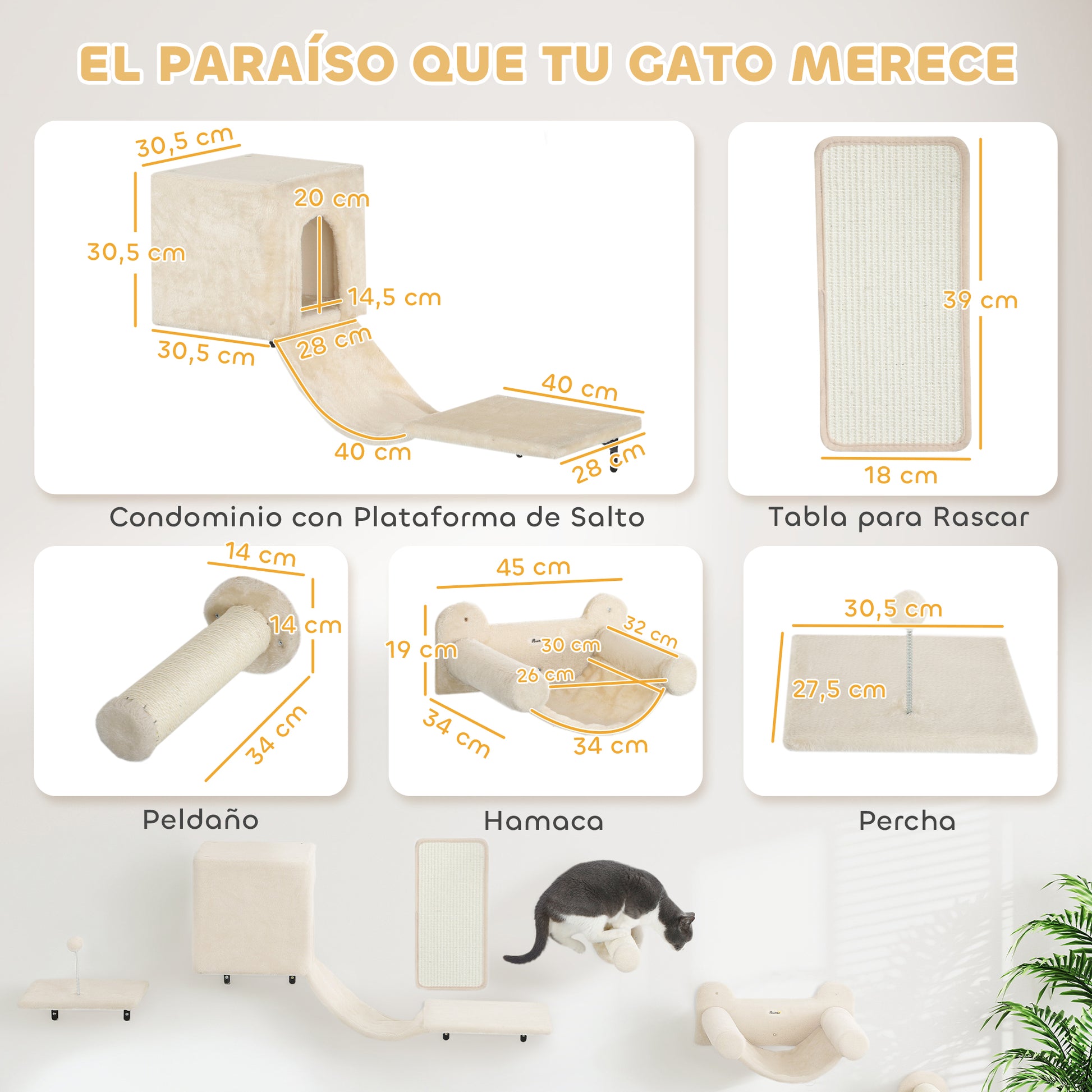 6-Piece Cat Climbing Wall Set Cat Shelves with Condo Platform Hammock Stairs Perch Scratching Board Sisal Post Toy Ball Beige