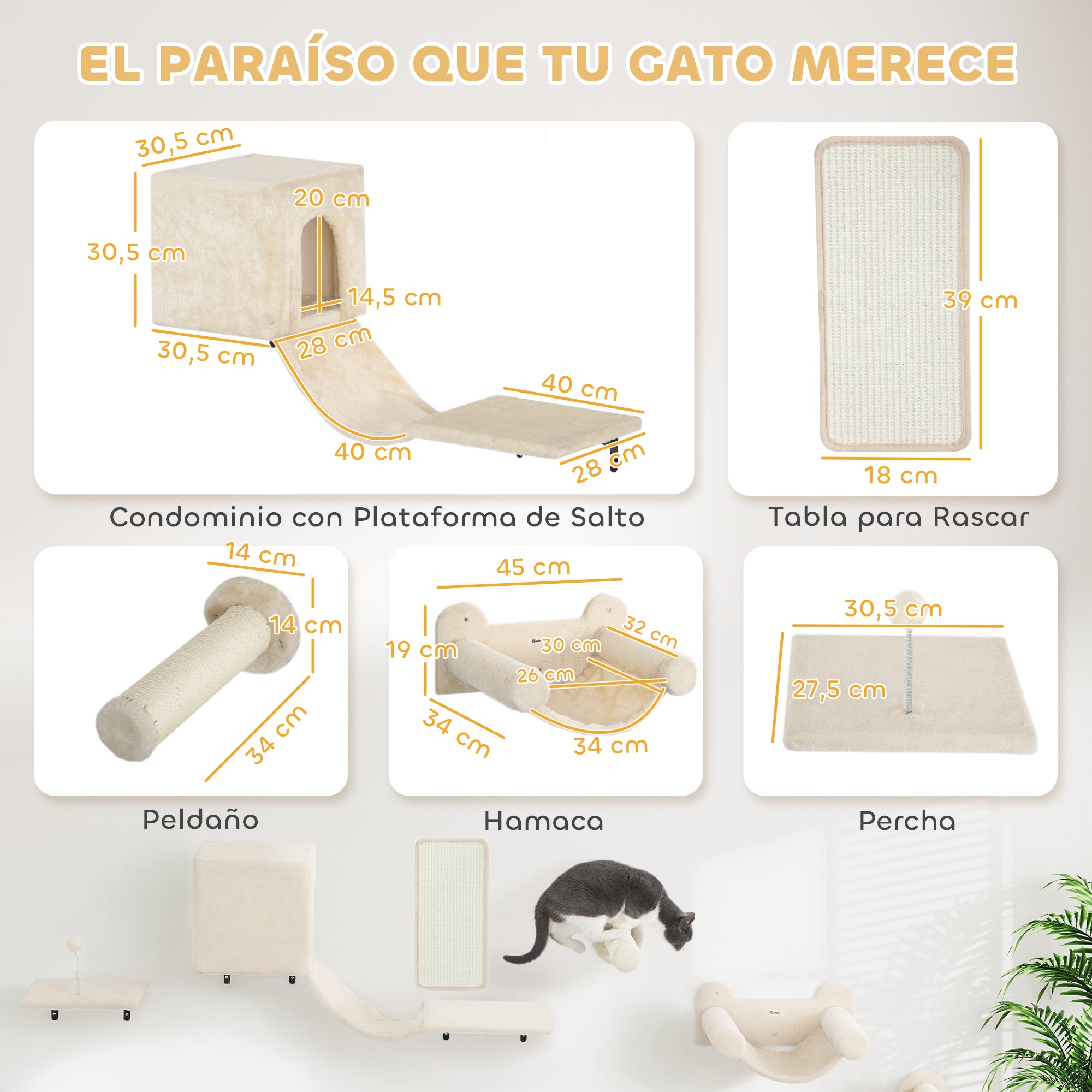 6-Piece Cat Climbing Wall Set Cat Shelves with Condo Platform Hammock Stairs Perch Scratching Board Sisal Post Toy Ball Beige